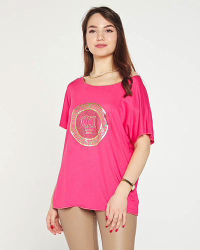 Fuchsia Damen-T-Shirt mit Golddruck und Zirkonia - Kleidung