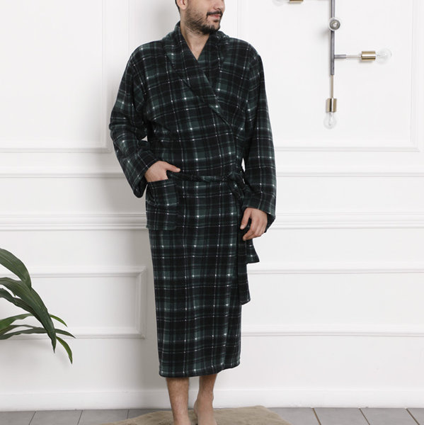 Dunkelgrüner karierter Herren-Bademantel - Bekleidung