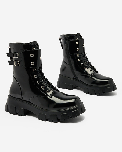 Royalfashion Schwarz lackierte Damen Baggerstiefel Xagaga