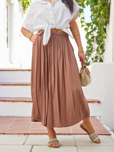 Royalfashion Damen Woven Midi Sommerrock leicht und fließend mit zwei Taschen