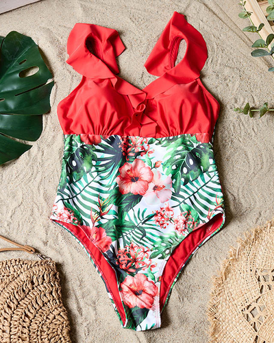 Roter Badeanzug für Damen mit Blumenmotiv - Unterwäsche