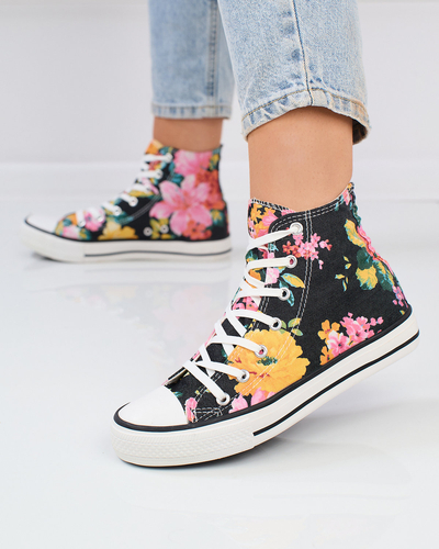 Royalfashion Damen hohe graphitfarbene Sneakers mit bunten Blumen bedruckt Fahenna