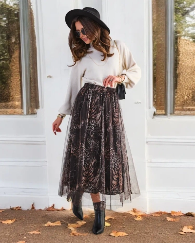 Royalfashion Damen gemusterter Midi-Rock mit Tüll