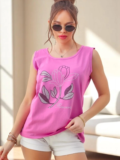 Royalfashion Damen Baumwolle ärmelloses Top mit Strass BLUMEN