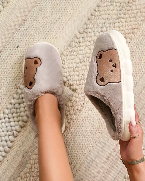 Royalfashion Damen-Pelzpantoffeln mit Teddybär in grau Fetemes