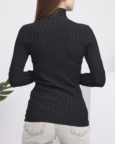 Schwarzer gerippter Damenpullover mit Stehkragen - Bekleidung