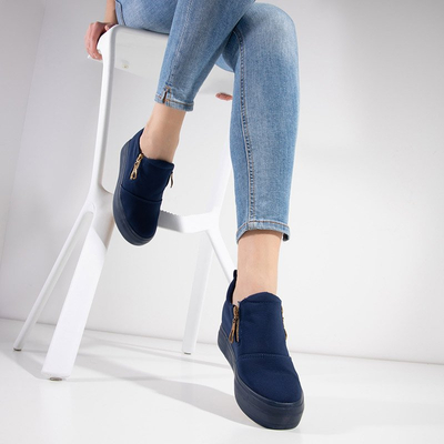 Dunkelblaue Damenbrogues auf einem Indoor-Keilabsatz mit goldenen Reißverschlüssen Leonita - Footwear