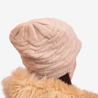 Beige warme Damenmütze mit Perlen - Accessoires