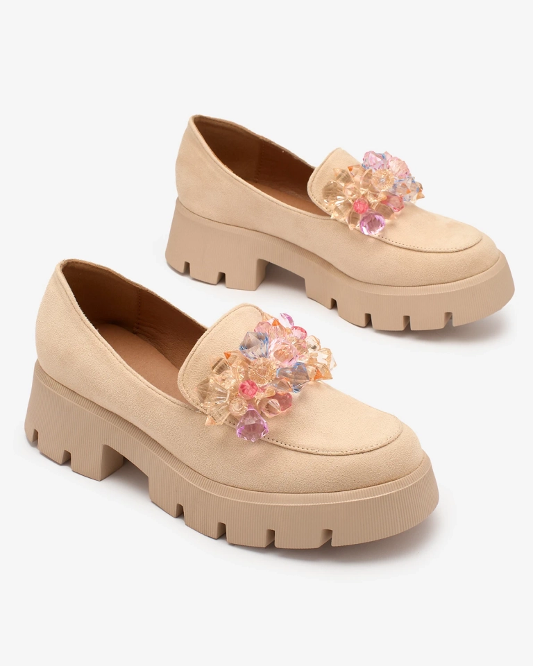 Royalfashion Beige Damen Mokassins mit bunten Kristallen Crystal Glam