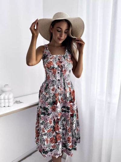 Weißes knielanges Damenkleid mit Blumenmotiv- Kleidung