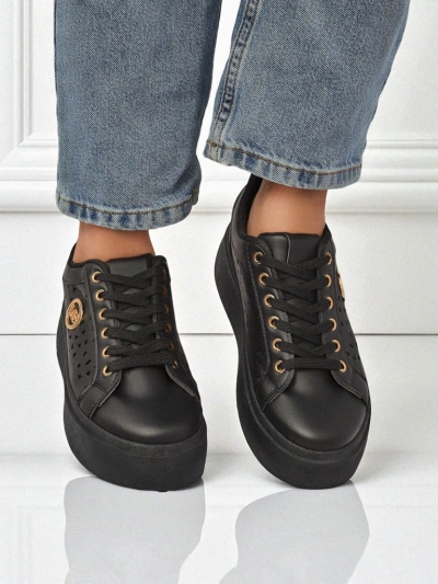 Aurelia Nero - Schwarze Royalfashion Plateauschuhe aus Öko-Leder, Modell LH201-8