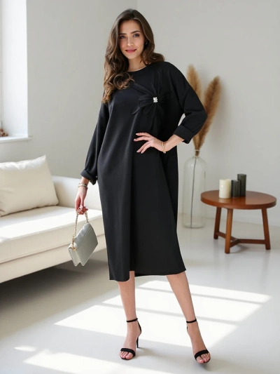 Royalfashion Damen Midi Kleid Stoff Oversized mit Blume