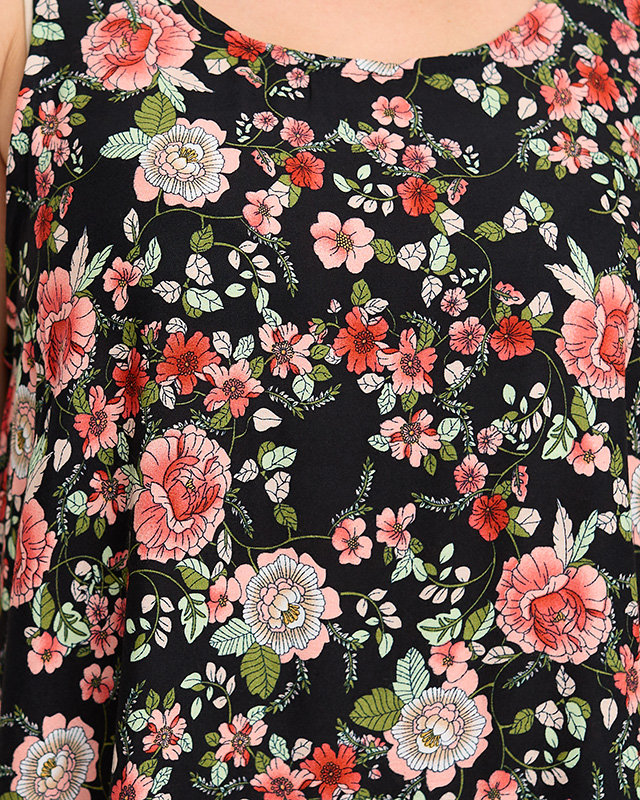 Asymmetrisches schwarzes Damenkleid mit roten Blumen- Kleidung