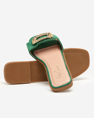 OUTLET Grüne Öko-Wildlederhausschuhe für Damen mit goldener Schnalle Lozi. Schuhwerk