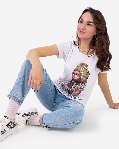 Weißes Damen-T-Shirt mit buntem Aufdruck und Pailletten - Kleidung