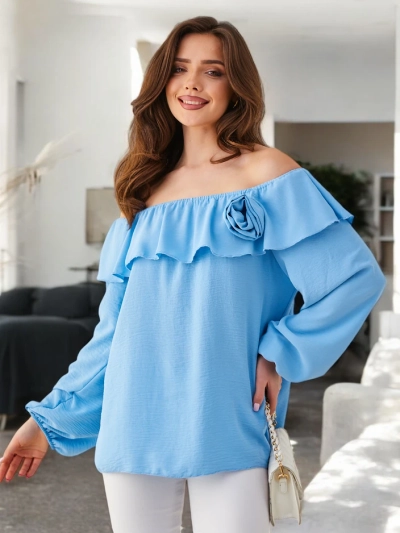 Royalfashion Damen Oberteil mit schulterfreiem Design, Rüsche und Blume