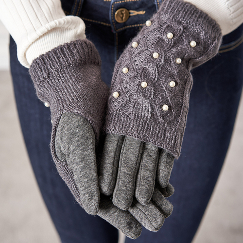 Темно-сірі жіночі рукавиці з перлинами
