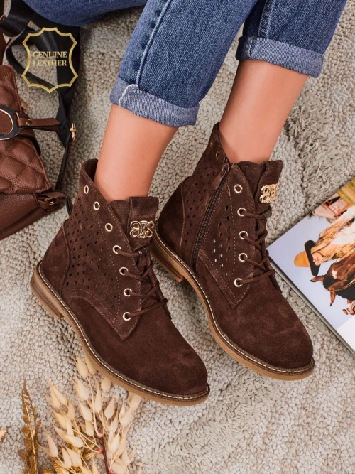 Aurelia Коричневі Замшеві Ботильйони з Хутром Ажурні Елегантні 2,5 см