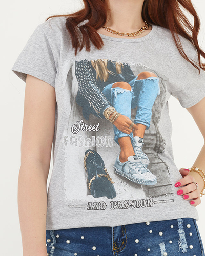 Graues Damen-T-Shirt mit Aufdruck - Kleidung