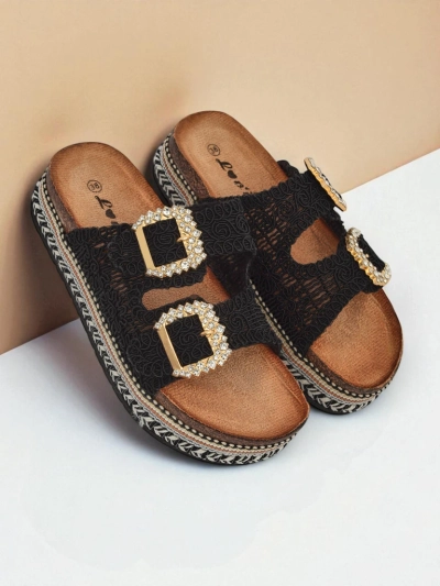 Royalfashion Damensandalen mit Strassschnallen GlamCork