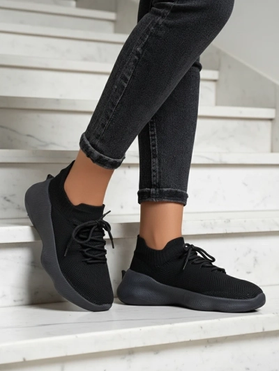 Damen Sneakers Aura Nero Schwarz Stoff Flache Sohle 4.5cm