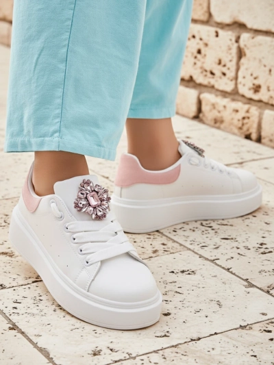 Damen-Sneakers Hypatia Bianco aus Öko-Leder mit Verzierung und rosa Akzent