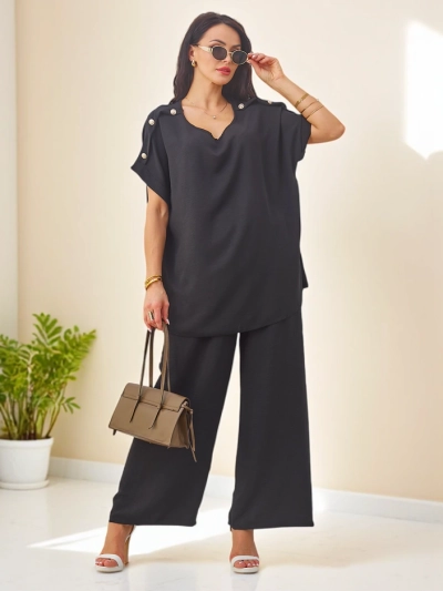 Royalfashion Damen Baumwollset mit kurzen Ärmeln und weiten Hosen