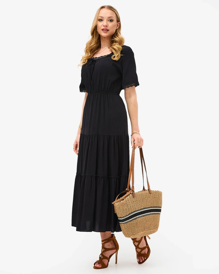 Schwarzes langes Damenkleid mit kurzen Ärmeln- Kleidung