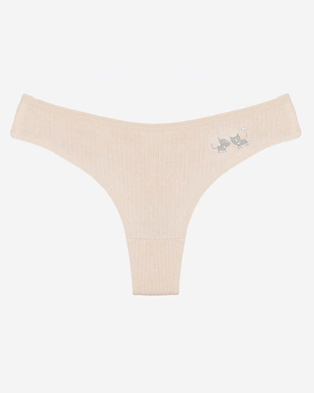Beige gerippter Damen-Tanga-Slip mit Aufnäher- Unterwäsche