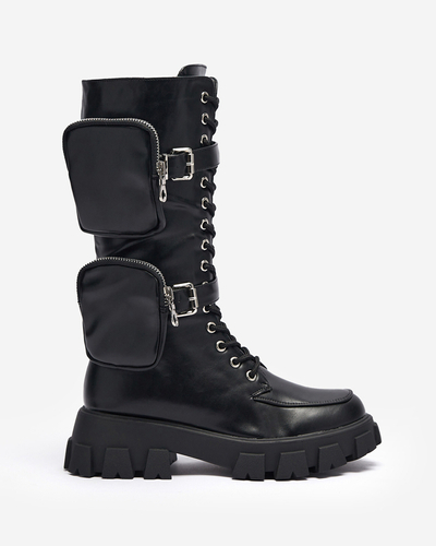 Schwarze Arbeitsstiefel mit Zierbeuteln am Schaft Sello- Footwear