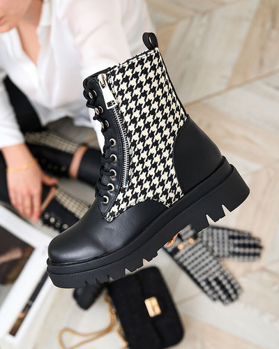 Royalfashion Schwarze Damenstiefel mit Zatafel-Pepita-Einsatz