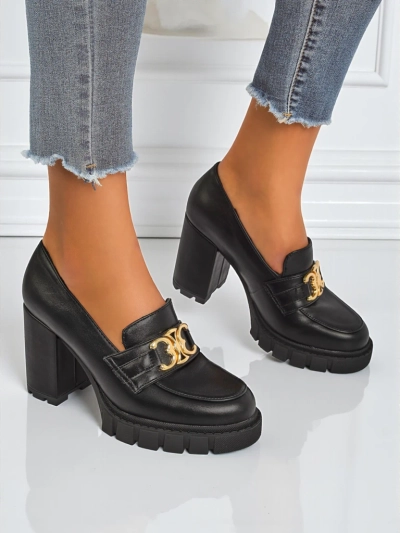 Damen Nero Aurora Pumps mit Blockabsatz und goldener Schnalle, Öko-Leder