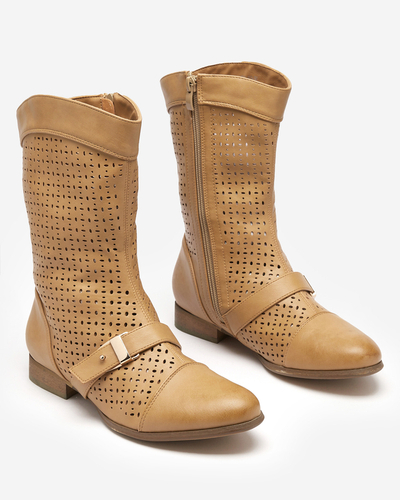Hellbraune durchbrochene Stiefel mit flachem Absatz Weiluna - Footwear