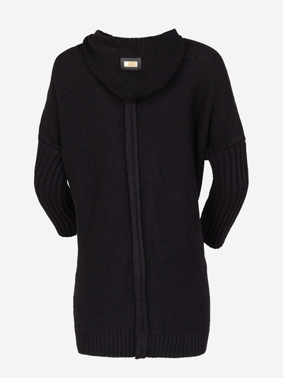 Schwarze lange Strickjacke für Damen mit Kapuze - Kleidung