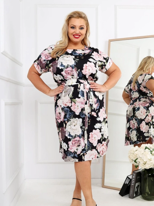 Royalfashion Жіноча сукня до колін з коротким рукавом та трояндою у зав’язці