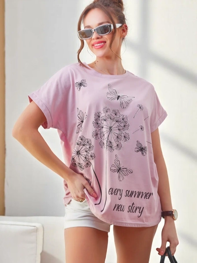 Royalfashion Damen Baumwoll-T-Shirt mit Löwenzahn und einem Schmetterling