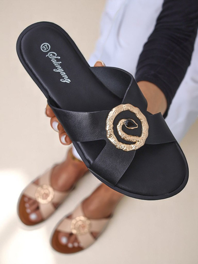 Royalfashion Damen Pantoletten mit flacher Sohle Golden Step