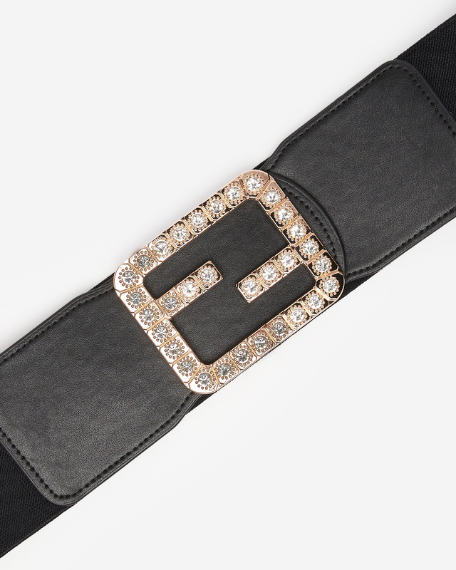 Schwarz Breiter elastischer Damengürtel mit Zirkonia - Accessoires