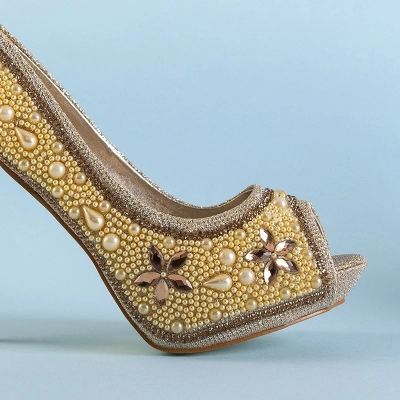 OUTLET Gold Damen Brokat Pumps mit Zirkonen und Gitana Perlen - Schuhe