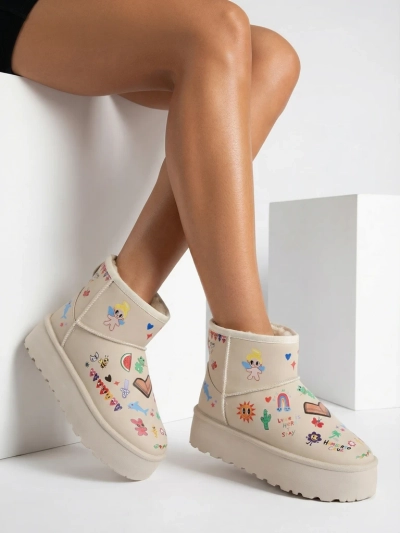 Lemuria Stiefeletten - Cremefarbene Doodle Schneestiefel mit dicker Furrini Sohle