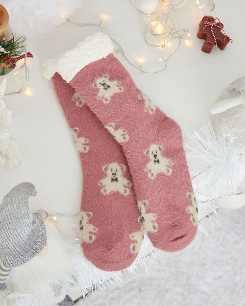 Royalfashion Утеплені рожеві жіночі шкарпетки з ведмедиками