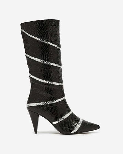 Schwarz-silberne Damenstiefel mit Stöckelabsatz und geprägten Streifen Felifea- Footwear