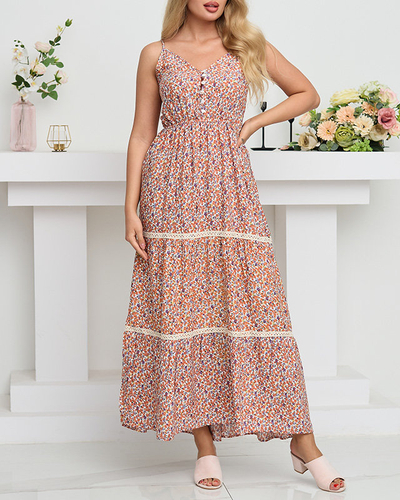 Langes orangefarbenes Damenkleid mit bunten Blumen - Kleidung