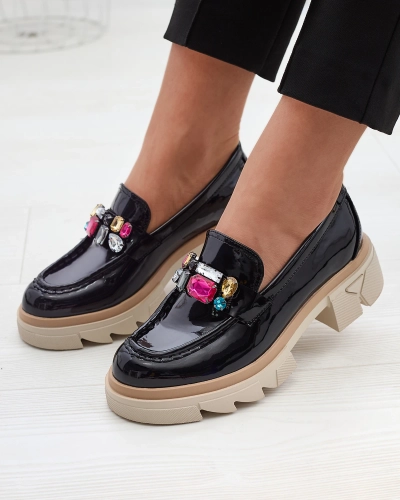 Schwarz lackierte Mokassins mit farbigen Steinen Sarix - Footwear