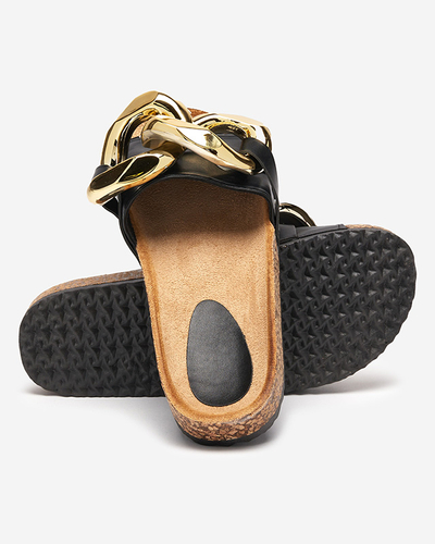 Sommerliche Ariadne Royalfashion Pantoletten mit großer goldener Kette, schwarzes Leder