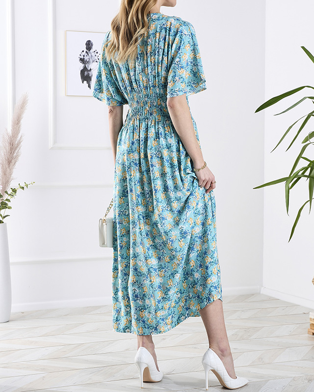 Blaues Damen-Midikleid mit Blumenmuster- Kleidung