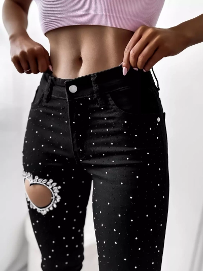 Schwarze 3/4-Denim-Shorts mit Zirkonen - Kleidung