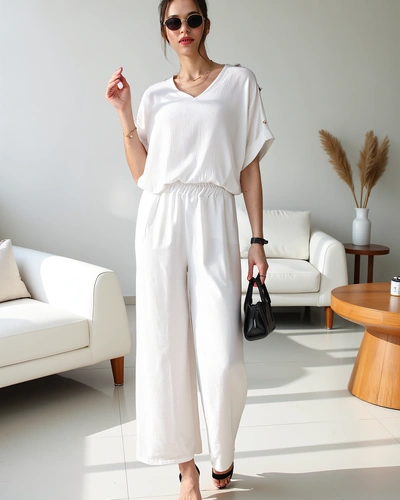 Royalfashion Damen Freizeit-Set mit kurzer Bluse und weiter Hose