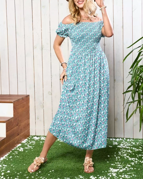 Grünes Damen Midikleid mit Blumenmuster - Kleidung