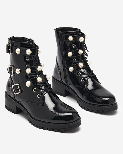 Schwarz lackierte Damenstiefel mit Perlen Salviso - Schuhe